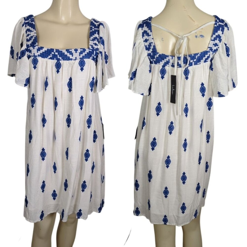 Lulus Mykonos Moment white blue Embroidered linen shift mini dress‎ size M